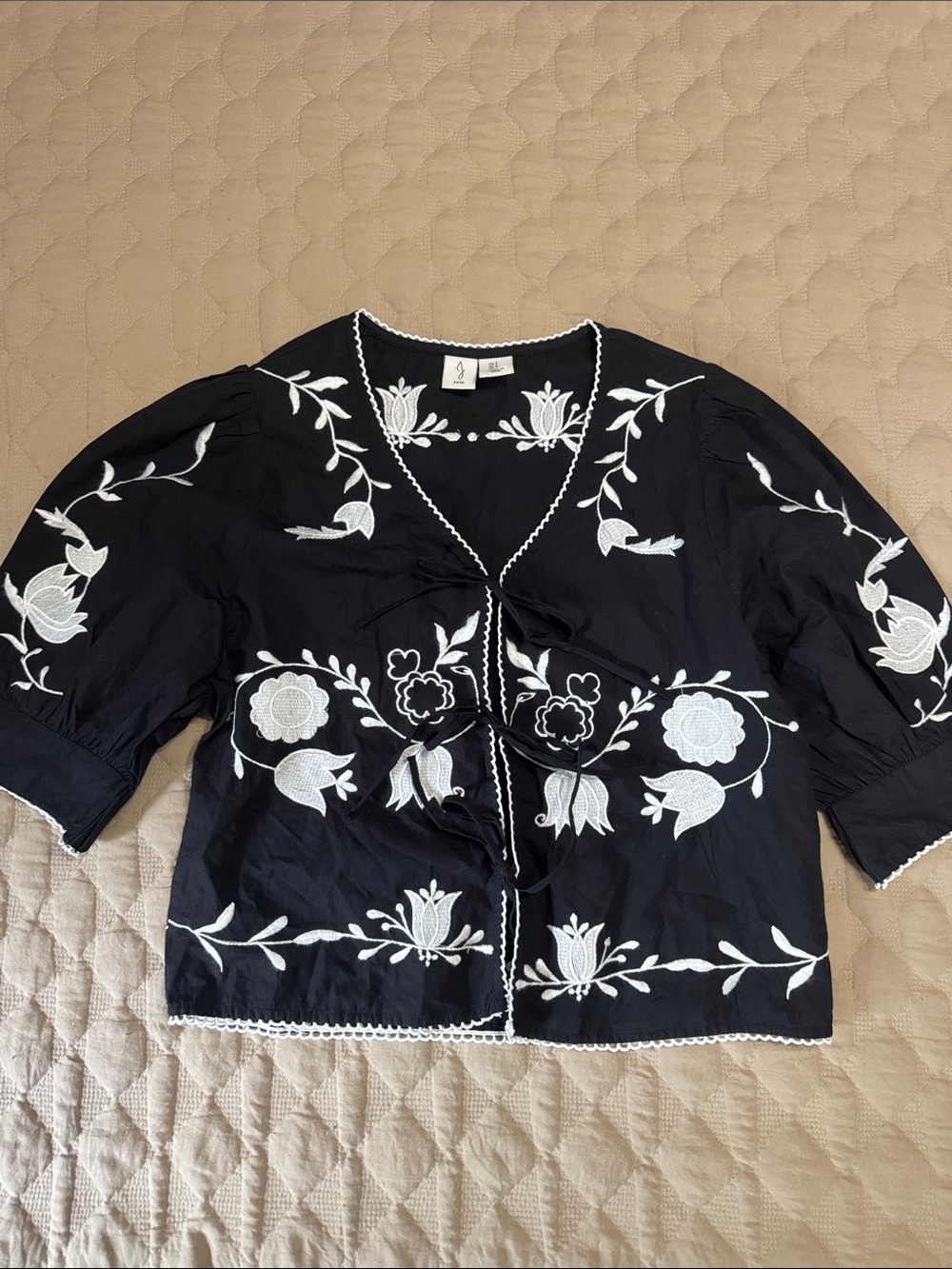 Joie Anthropologie Black Cotton Top with White Embroidered Leaf Detail